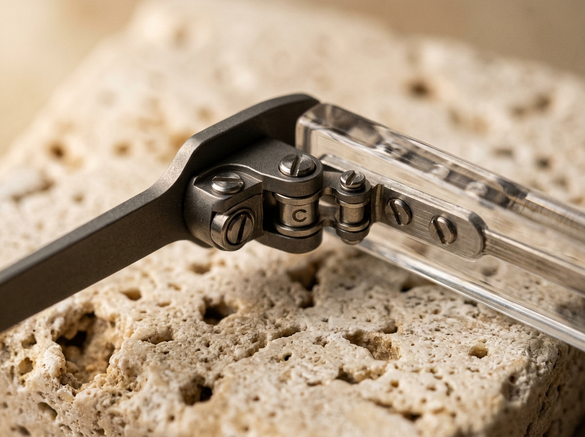 Japanese beta-titanium eyewear hinge precision engineered on travertine stone