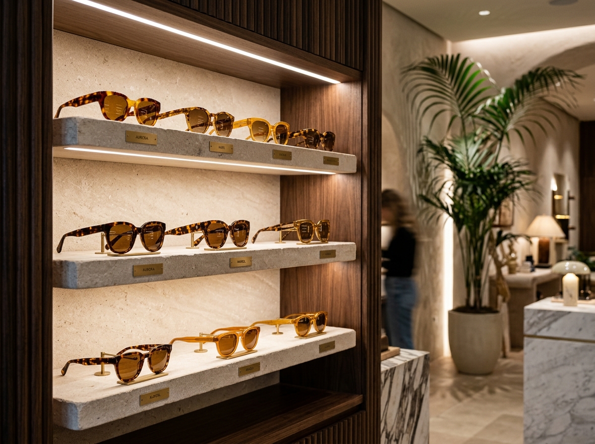 Amber sunglasses curated on illuminated stone display shelves